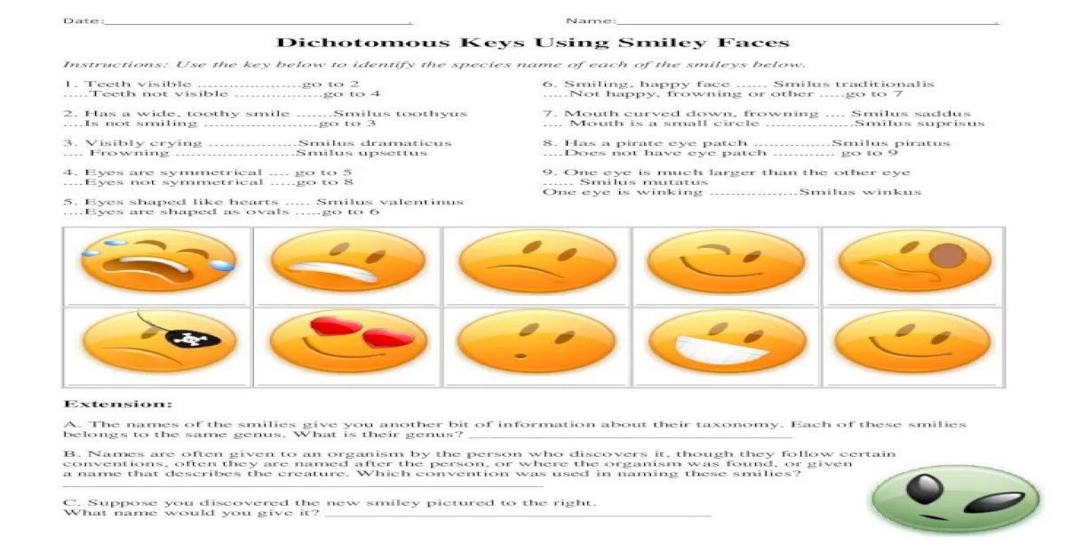 Dichotomous keys using smiley faces answer key