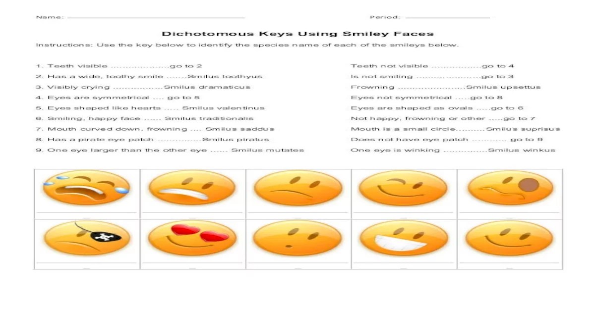 Dichotomous keys using smiley faces answer key