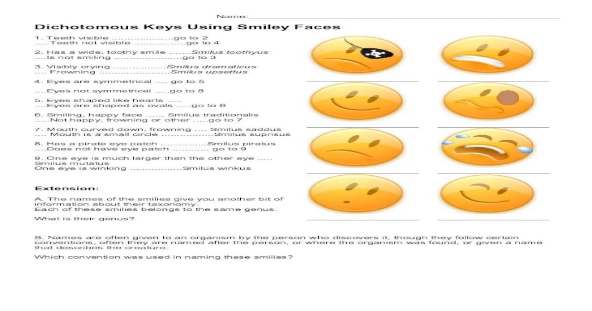 Dichotomous keys using smiley faces answer key